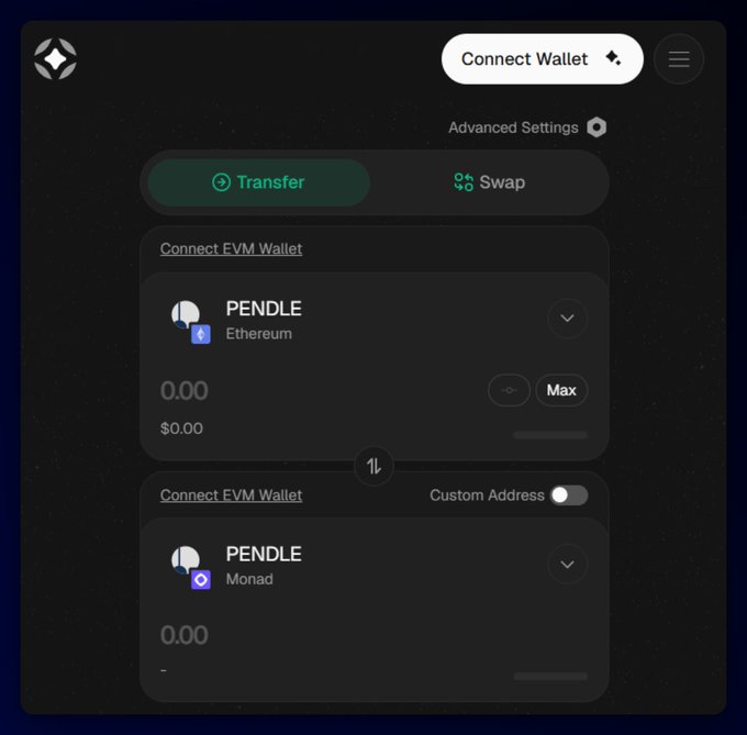 The image shows a computer screen displaying two options for connecting to an Ethereum wallet, with one option being a Pending account and the other being a Monad account. The screen also has a button that says "Connect Wallet" at the top right corner.