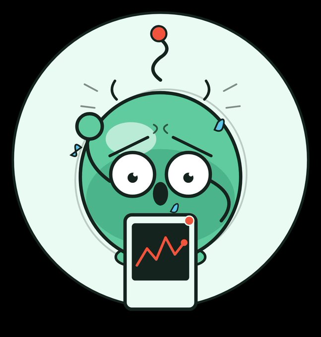 A panicked green cartoon alien character with wide eyes and sweat drops stares in shock at a handheld device displaying a downward-trending red line chart, perfectly capturing the post's humor about an obsessive chart-watcher experiencing emotional distress over plummeting market performance.