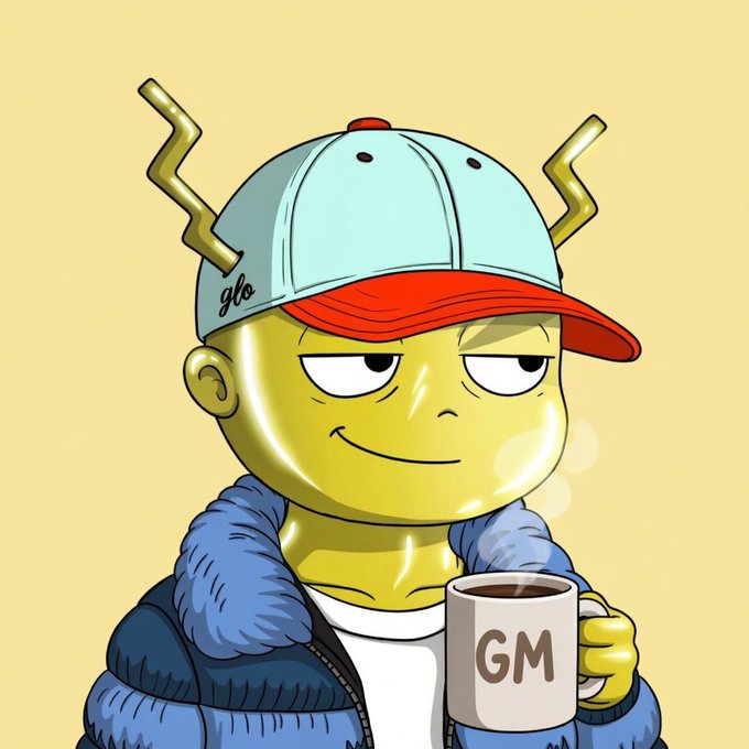 A stylized cartoon character with a yellow head and golden lightning bolts protruding from a baseball cap, wearing a blue puffer jacket and holding a mug that says 'GM'.