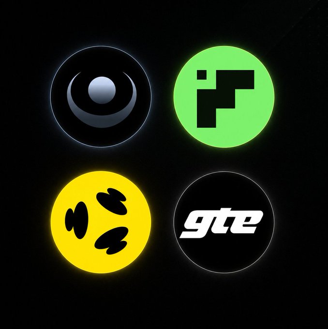 Four glowing circular logos are displayed against a black background in a 2x2 grid, representing the leading perpetual DEX platforms: a dark sphere with a crescent and orb design, a green circle with a geometric "F"-like icon, a yellow circle featuring a cartoon smiley face, and a black circle with the stylized white text "gte," corresponding to Hyperliquid, Aster, Lighter, and GMTrade from the top of the weekly trading volume rankings.