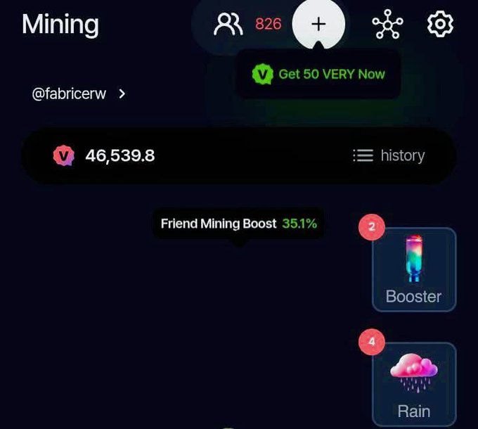 A mobile mining app interface showing 'Mining' screen with a balance of 46,539.8, a 'Get 50 VERY Now' button, Friend Mining Boost at 35.1%, and Booster/Rain icons.