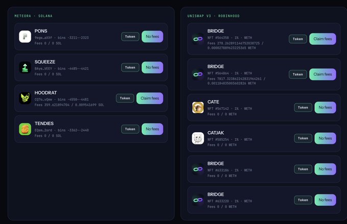 A cryptocurrency interface showing two panels - 'METEORA - SOLANA' on the left listing tokens like PONS, SQUEEZE, HOODRAT, and TENDIES, and 'UNISWAP V3 - ROBINHOOD' on the right showing various bridge and CATE token listings with claim fees.