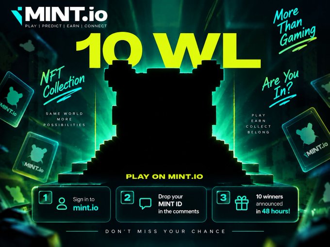 A promotional graphic for MINT.io advertising "10 WL" and an "NFT Collection" with steps to "Sign in to mint.io", "Drop your MINT ID in the comments", and "10 winners announced in 48 hours!".