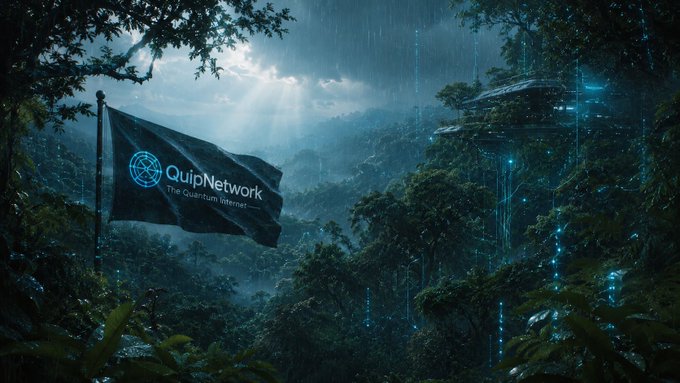 The image features a flag with the word "QUIP" written on it, flying high above a forested area. The background of the image shows trees and a mountain range under a dark sky, creating an atmosphere of mystery and intrigue. The text in the image reads "Good Evening Guys Just few days ago I was trying a great network. That'S name is QUIP. @quipnetwork For a few weeks now and I have to say this project actually feels like the real deal". This message seems to be related to the flag, as it appears to be flying above the forested area where the image is taken.