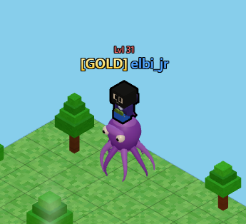 A blocky 3D game character named '[GOLD] elbi_jr' (level 8) rides a purple octopus-like creature on a grassy platform.