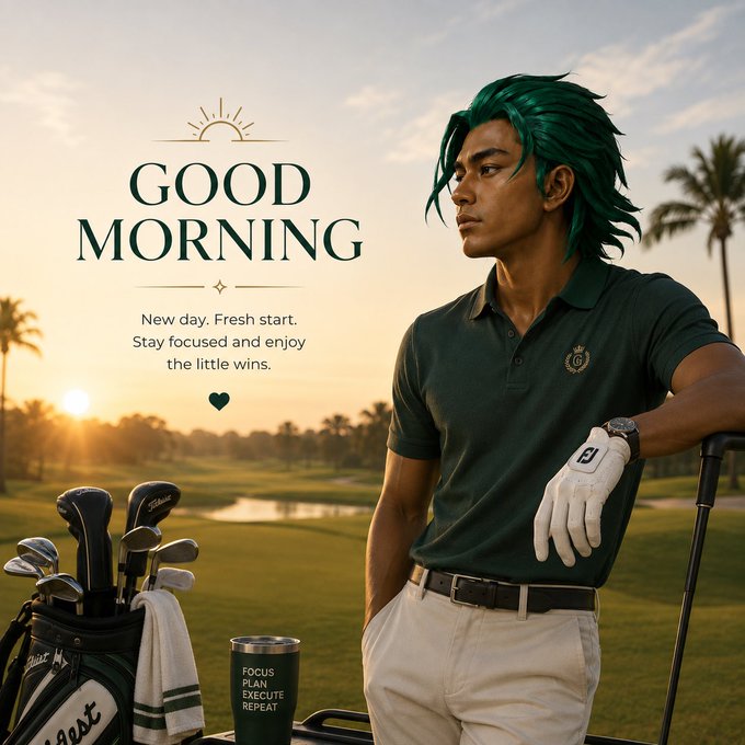 A stylish anime-inspired golfer with vibrant green hair poses on a sunrise golf course beside a club-filled bag and a tumbler reading "FOCUS PLAN EXECUTE REPEAT," paired with "GOOD MORNING — New day. Fresh start. Stay focused and enjoy the little wins." The image visually matches the post's weekend "GM" greeting and motivational tone, encouraging followers to share NFT alpha while taking time to recharge outdoors.