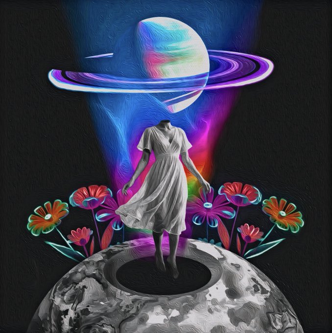 Surreal digital art featuring a headless figure in a white dress standing on a moon-like sphere, with a colorful ringed planet replacing the head and glowing neon flowers at the base.