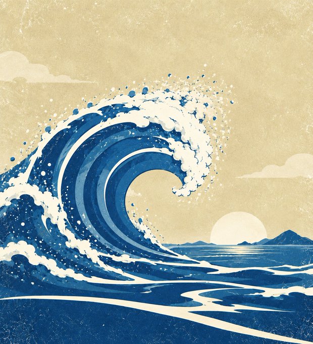 A stylized illustration features a towering, cresting blue wave with frothy white foam crashing against a calm sea, set beneath a cream-colored sky with a setting sun and distant mountains. The dynamic imagery of an awakening, powerful wave visually echoes the post's message about an active swarm, suggesting momentum and movement worth catching.
