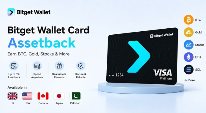 Promotional graphic for the Bitget Wallet Card featuring a black Visa Platinum card on a blue pedestal, advertising up to 3% Assetback rewards in BTC, Gold, Stocks, ETH, and SOL, with availability in the UK, USA, Canada, Japan, and Pakistan.