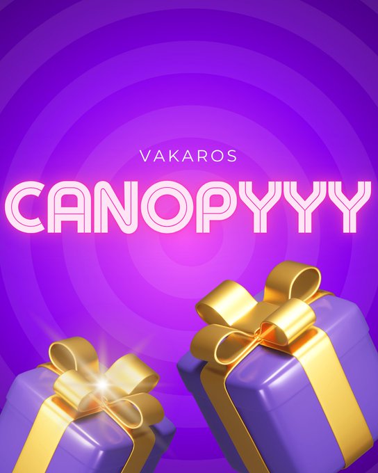 Promotional graphic with a purple background displaying 'VAKAROS CANOPYYY' in stylized text above two purple gift boxes with gold ribbons.