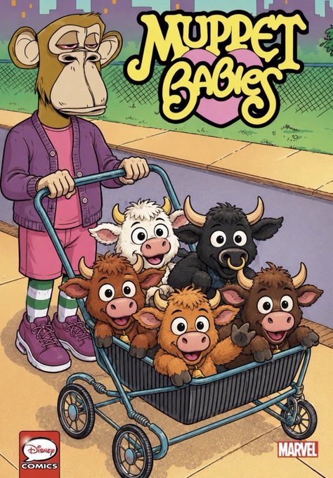The image is a comic book cover titled "Muppet Babies," published by Marvel and Disney Comics, featuring a tired-looking monkey pushing a shopping cart overflowing with cheerful young cows (calves). The accompanying post includes a long alphanumeric token and a playful caption claiming the cute cows are all "sons," humorously aligning with the wholesome, childlike aesthetic of the Muppet Babies art.