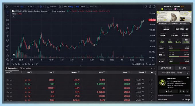 A cryptocurrency trading chart for CASHCAT/USDT on Binance shows a 24-hour price increase of 10.91%, with an order book and recent transactions displayed below the candlestick chart.