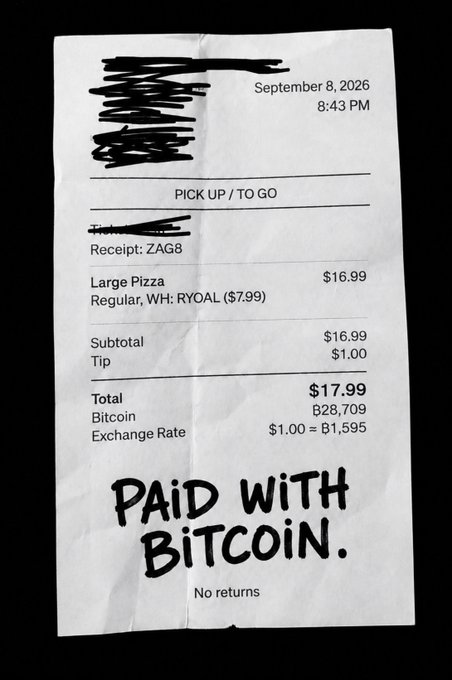 A crumpled pizza receipt dated September 8, 2026 at 8:43 PM shows a large pizza order totaling $17.99, paid with Bitcoin at an exchange rate of $1.00 = 1,595 BTC, with handwritten "PAID WITH BITCOIN." scrawled at the bottom—emphasizing the near-instant "Lightning" transaction speed referenced in the post.