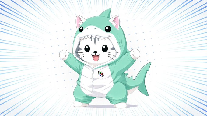 An illustration of a cute white cat wearing a teal shark costume, posed energetically against a light blue background with radiating lines.
