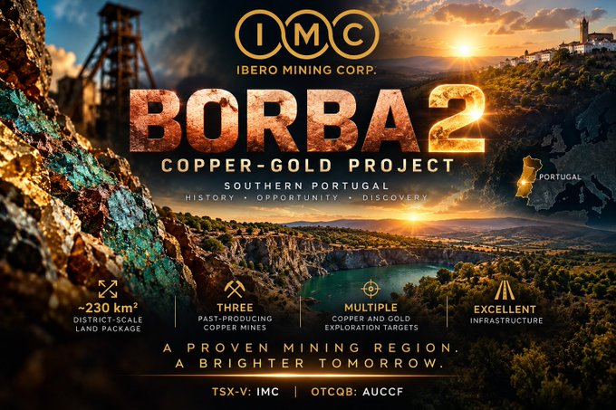 A promotional graphic for the 'IBERO MINING CORP.' 'BORBA 2 COPPER-GOLD PROJECT' in Southern Portugal, highlighting a ~230 km² land package and listing ticker TSX-V: IMC and OTCQB: AUCCF.