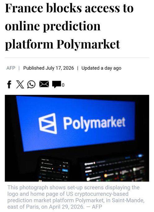 An AFP news article headline reading 'France blocks access to online prediction platform Polymarket', published July 17, 2026, accompanied by a photo of the Polymarket logo on screens.