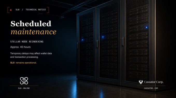A "Scheduled Maintenance" technical notice for SL8 announcing a Stellar Node Reindexing lasting approximately 40 hours, noting that while the platform remains operational, users may experience temporary delays affecting wallet data and transaction processing. The notice, displayed alongside server racks and branded by Cassator Corp., relates to the staking options post by informing users that the ongoing maintenance could temporarily impact the reliability and timeliness of wallet transactions involved in staking activities.