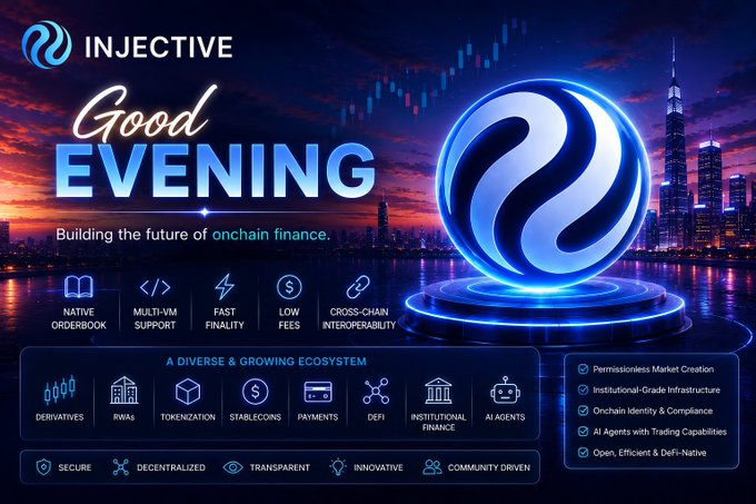 A promotional image for 'INJECTIVE' cryptocurrency with the greeting 'Good Evening - Building the future of onchain finance,' featuring a glowing blue logo, a city skyline at sunset, and a grid of features (Native Orderbook, Multi-VM Support, Stablecoins, DeFi, AI Agents).