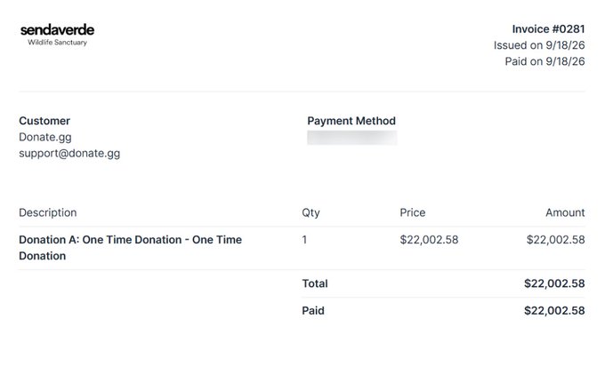 An invoice from Sendaverde Wildlife Sanctuary (#0281) documenting a $22,002.58 one-time donation from Donate.gg, paid on 9/18/26, supporting the claim of a substantial donation.