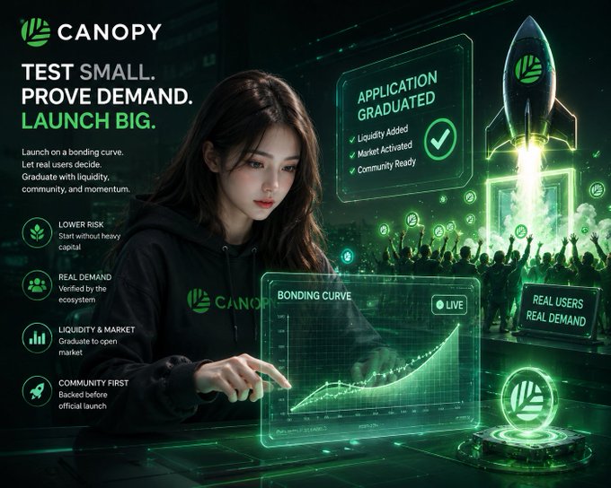 A promotional graphic for "CANOPY" features an AI-generated woman interacting with a holographic "BONDING CURVE" chart, emphasizing themes like "TEST SMALL. PROVE DEMAND. LAUNCH BIG." and "APPLICATION GRADUATED" with checkmarks.