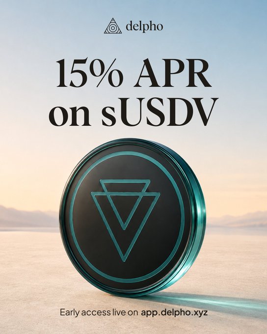 A promotional poster for Delpho advertising '15% APR on sUSDV' with early access at app.delpho.xyz, featuring a teal and black coin-like emblem on a desert background.