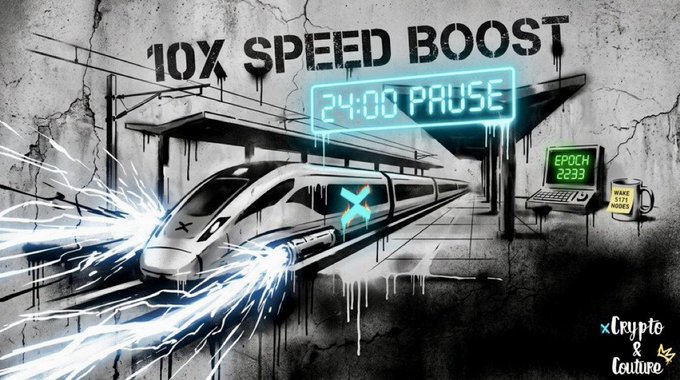 A graffiti-style illustration of a train at a station with text '10X SPEED BOOST', '24:00 PAUSE', 'EPOCH 2233', and a logo for 'xCrypto & Couture'.