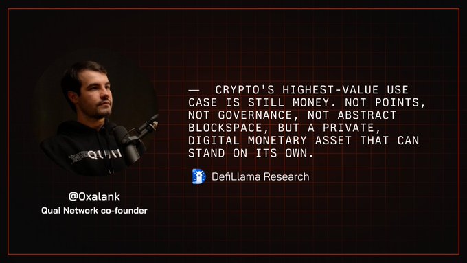 The image features a quote card with @0xalank, co-founder of Quai Network, alongside a statement citing DefiLlama Research that emphasizes crypto's primary use case as digital money rather than points, governance, or blockchain abstraction. The quote reinforces the post's message about Quai's SOAP (Secure Asset Offering Protocol) model, where merge-mining revenue funds $QUAI buybacks and burns while supporting network security through Proof-of-Work.