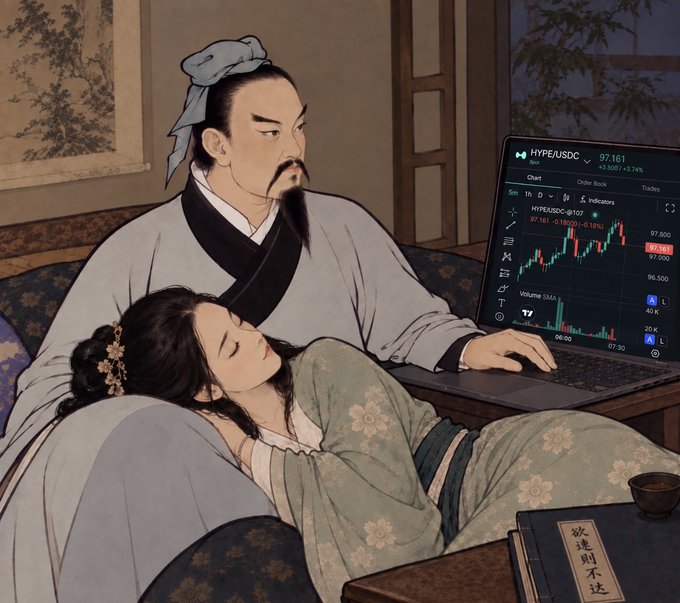 An AI-generated image depicting a classical Chinese scholar in traditional robes gazing at a modern laptop displaying a HYPE/USDC trading chart, while a woman in a green floral robe rests her head on his lap beside a book with Chinese characters.
