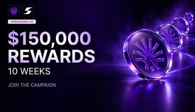 A purple-themed promotional banner advertises a campaign with '$150,000 REWARDS' over '10 WEEKS,' featuring 3D metallic coins with a geometric symbol and the text 'CAMPAIGN NOW LIVE' and 'JOIN THE CAMPAIGN.'