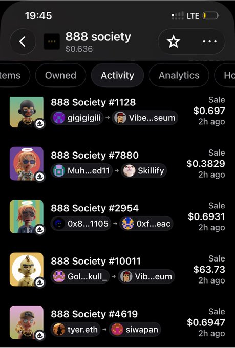 A mobile screenshot of OpenSea's activity feed for the "888 society" NFT collection (floor price $0.636) shows recent sales of various 888 Society tokens for under $1, including #1128 ($0.697), #7880 ($0.3829), #2954 ($0.6931), #4619 ($0.6947), and notably #10011 for $63.73, illustrating the creator's frustration that most holders of their free-mint allowlist are flipping the NFTs at near-zero prices.