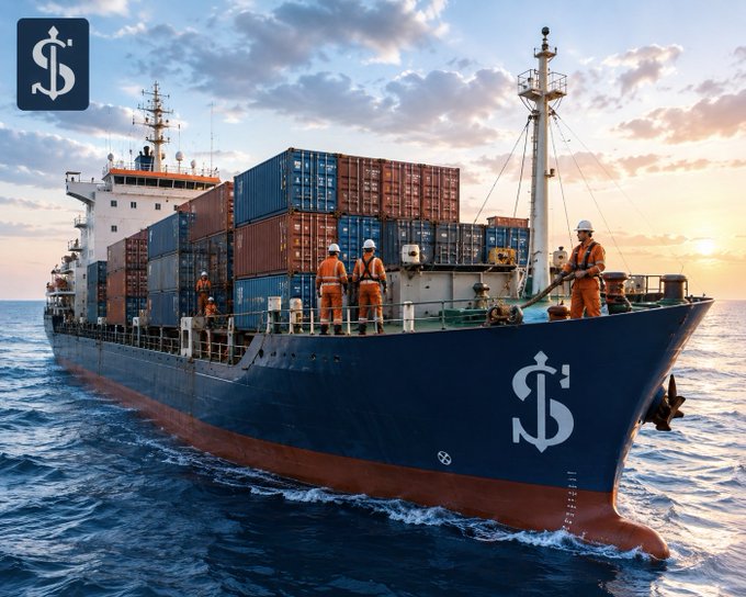 A large blue cargo ship loaded with shipping containers sails on the ocean at sunset, with three workers in orange suits and white hard hats standing on deck.