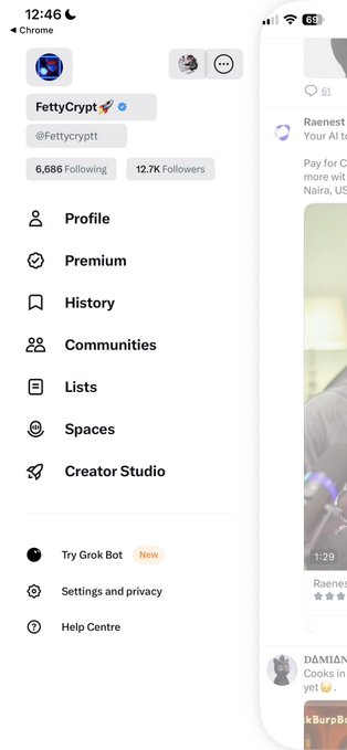 The image shows a Twitter/X profile menu open for user "FettyCrypt" (@Fettycryptt) featuring 6,686 Following and 12.7K Followers, displayed in light mode—which directly relates to the post's question about light mode versus dark mode preference. The bright white background contrasts with the dark text and icons, making the light mode setting clearly visible.