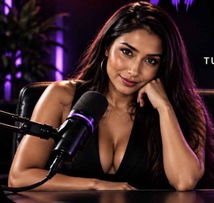 A woman with long dark hair, wearing a black top and hoop earrings, sits at a desk with a studio microphone in front of her, with "TU" partially visible in the background. The "Good morning" post complements the image as a cheerful greeting, fitting for a podcast or streaming setting.