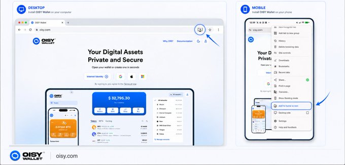 A promotional image for OISY Wallet showing its desktop and mobile interfaces, highlighting 'Your Digital Assets Private and Secure' with a $32,795.30 balance displayed.