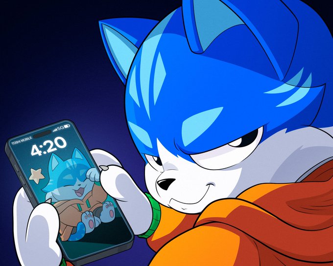 A blue and white cartoon cat character wearing an orange hoodie, holding up a smartphone displaying a cute blue kitten wallpaper with the time '4:20'.