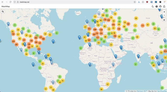 A screenshot of a MeshMap.net world map showing global Ethereum node distribution with colored clusters (red, orange, green) and numbers indicating node counts by region. The image illustrates the Ethereum network's geographic decentralization, complementing the post about successfully running a full node with a resilient setup that contributes to the network's distributed infrastructure.
