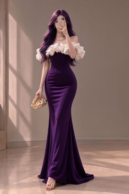 A woman with long purple hair takes a mirror selfie while wearing an elegant off-shoulder purple gown with a white ruffled neckline, holding a gold clutch.