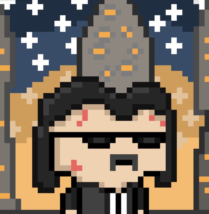 The image features a cartoon character wearing sunglasses, a black suit, and a tie with red dots. The character has a mustache and appears to have a sad expression. The background of the image shows stars against a dark blue sky, giving the impression that the character is standing in front of a window or looking out at the night sky. The post includes text that reads "Giveaway Time for @sooki_nft - 2x GTD Spots" and encourages viewers to follow the account @sooki_nft to learn about the giveaway, which involves mint spots.