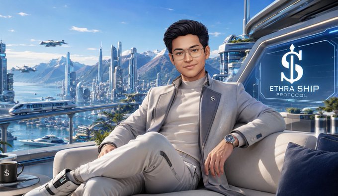 An AI-generated image of a man in a white suit and glasses sitting in a futuristic lounge with 'ETHRA SHIP PROTOCOL' displayed on a screen, overlooking a sci-fi city.