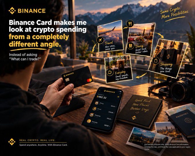 A Binance Card advertisement shows a person holding the black crypto debit card while viewing a smartphone app displaying transactions ($482.32 total), alongside polaroid-style cards illustrating "Travel," "Dining," "Shopping," and "Everyday" spending categories, with the headline "Binance Card makes me look at crypto spending from a completely different angle" and tagline "Real Crypto. Real Life."