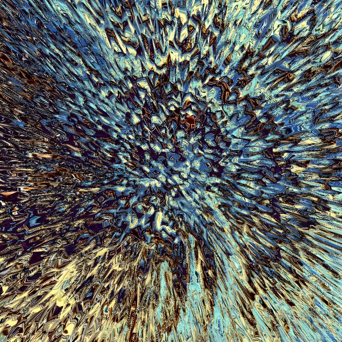 An abstract, swirling textured artwork in blue, gold, white, and dark tones fills the square image.