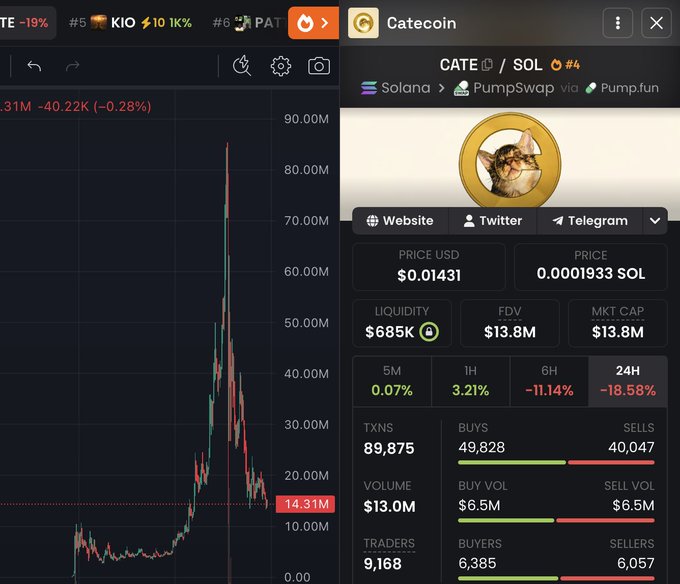 A trading chart shows the collapse of memecoin CATE (Catecoin) on Solana, with its price crashing from a peak of ~$90M market cap down to $13.8M—a 40% drop marked by a dramatic vertical selloff. The post's warning about KOL-influenced coins is visually reinforced by the steep red candle that wiped out life savings on what appears to have been a hype-driven pump.