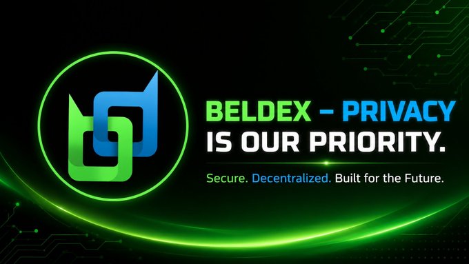A promotional banner for Beldex featuring its green and blue chain link logo with the slogan 'BELDEX – PRIVACY IS OUR PRIORITY. Secure. Decentralized. Built for the Future.'