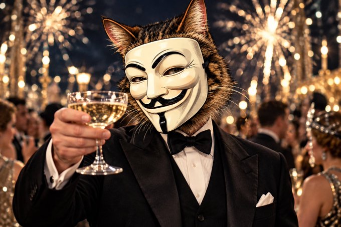 A figure wearing a Guy Fawkes mask and a cat-eared hood toasts with a glass of white wine at a festive masquerade ball with fireworks in the background.