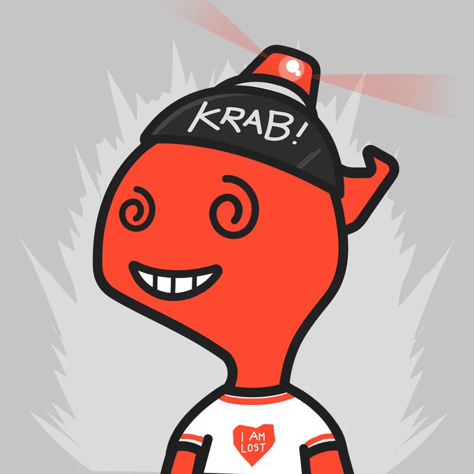 A cartoon illustration of a red character with swirly eyes wearing a cap labeled 'KRAB!' and a shirt reading 'I AM LOST'.