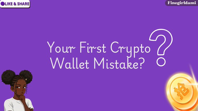 A purple thumbnail image with cartoon character elements reading 'Your First Crypto Wallet Mistake?' with a 'LIKE & SHARE' button and 'Finegirldami' watermark, featuring a thinking animated character and Bitcoin symbol.