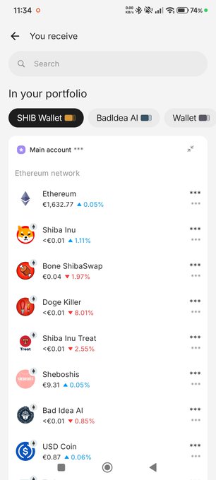 Screenshot of a crypto wallet app showing a portfolio on the Ethereum network with holdings including Ethereum, Shiba Inu, Bone ShibaSwap, Doge Killer, Shiba Inu Treat, Sheboshis, Bad Idea AI, and USD Coin.