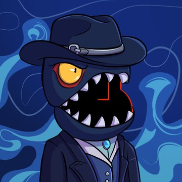 The image features a cartoon character wearing a hat, suit, and tie with a mouth open wide as if they are speaking or making a funny face. The character appears to be a man dressed in formal attire, possibly a businessman or a character from a story. The background of the image is blue, which complements the overall color scheme of the cartoon character's outfit. There is no text present in the image, and it does not contain any other objects besides the cartoon character and the blue background.