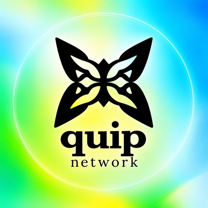 The Quip Network logo features a stylized black butterfly design with the text 'quip network' displayed on a colorful, iridescent circular gradient background.