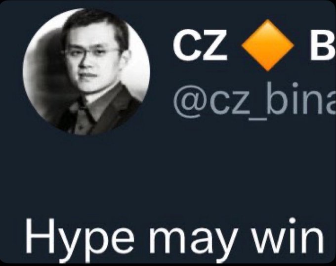 A social media post by CZ (@cz_binance) with his profile picture and a BNB diamond logo, with the caption 'Hype may win'.